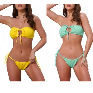 INSPIRE CHIC Women's O Ring Ruched Bandeau Ribbed Tie Front Top Triangle Bottom Swimwear Bathing Bikini Suits 2 Sets - 1 of 4