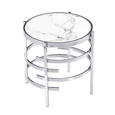 Modern Round End Table with Sintered Stone Top, 21.65''H Silver Coffee Table Side Table for Living Room, Office, Bedroom