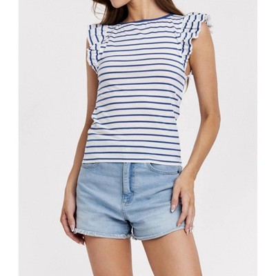 Women's Akiko Ruffle Sleeve Striped Boat Neck Ribbed Top - Another Love