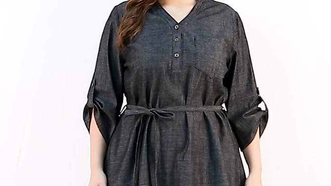 Agnes Orinda Women's Plus Size 3/4 Sleeve Belted High Low Hem Chambray T-Shirt Dresses, 2 of 7, play video