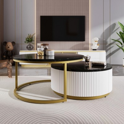 ALEXOUN Modern Round Nesting Coffee Table Set with Drawer - Fluted Elegant Design,Gold Frame for Living Room & Bedroom,Small Space
