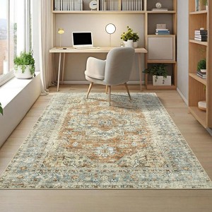 Vintage Medallion Throw Carpet Large Living Room Rug Washable Rug Stain Resistant Carpet with Non-Slip Backing Low Pile Folding Floor Cover - 1 of 4