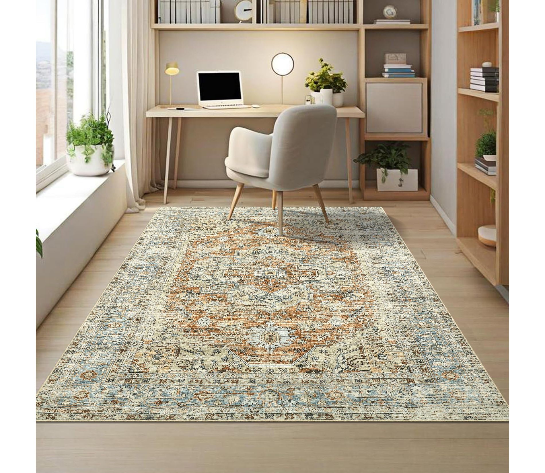 Vintage Medallion Washable Rug 6x9 Area Rug with Non-Slip Backing Stain Resistant Floor Cover Ultra-Thin Carpet for Living Room Bedroom