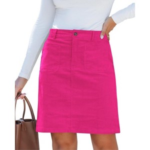 Women's Corduroy High Waist Short Skirt - Trendy Fall Skirt with Elastic Waist & Patch Pockets Hot Pink - 1 of 4