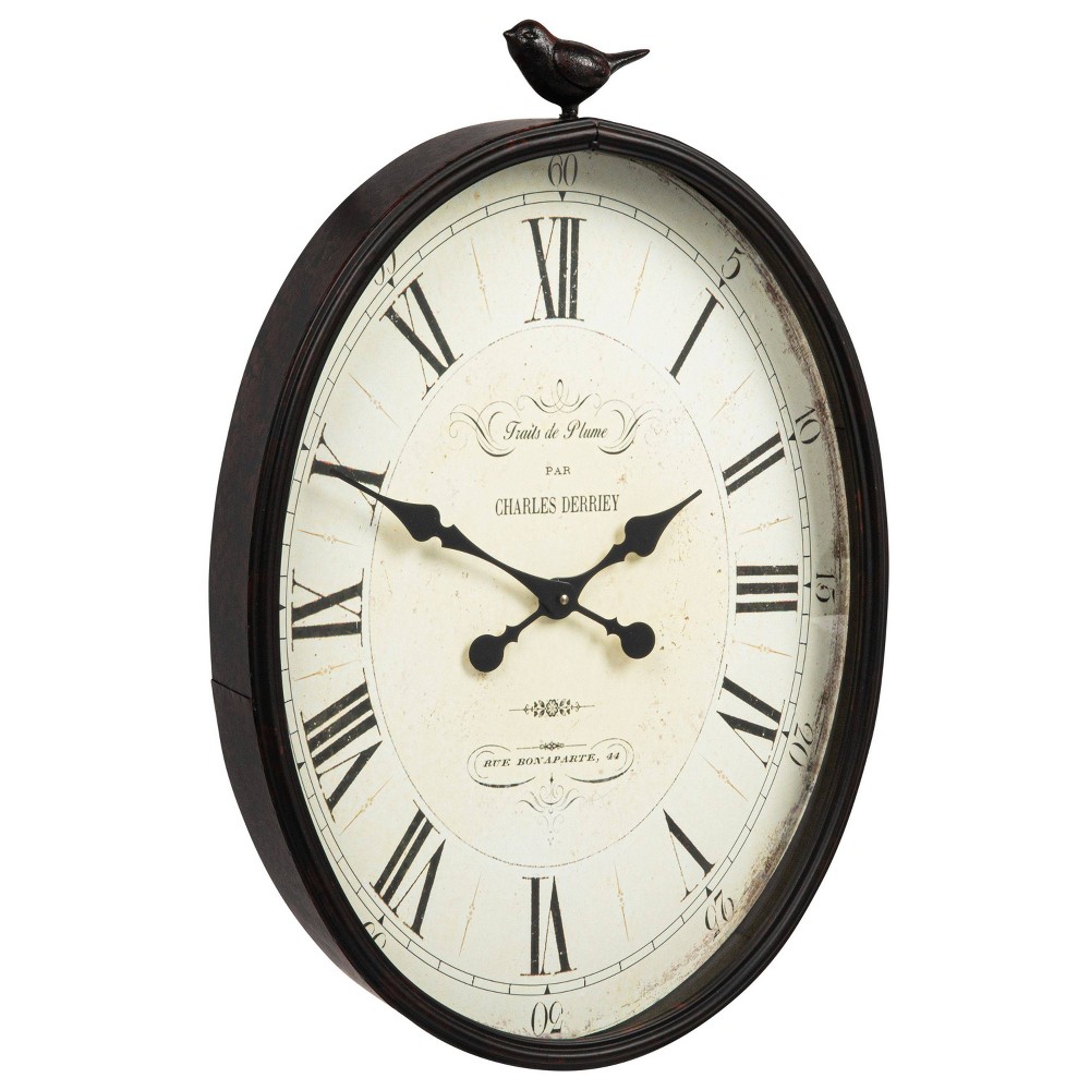 Storied Home 17" x 25-1/4" Metal Wall Clock with Bird Rust - 3R Studios: Indoor Oval Timepiece, No Choking Hazard