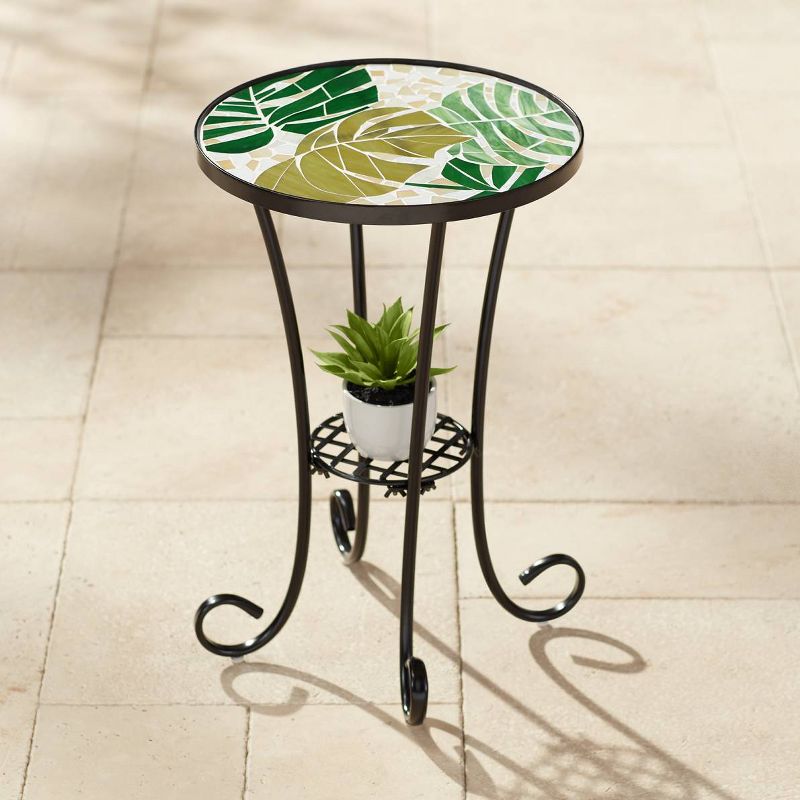 Teal Island Designs Modern Black Metal Round Outdoor Accent Side Table 14" Wide Green Leaf Mosaic Tabletop for Front Porch Patio Home House, 2 of 9