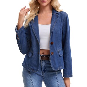 INSPIRE CHIC Women's Notched Lapel Collar Long Sleeve Button Back Slit Fitted Denim Jacket - 1 of 4