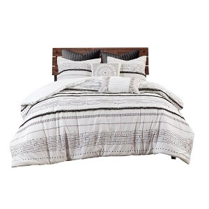 Gulches Series White Black Contemporary Boho Stripe Print Cotton Percale with Polyester Fill King Cal King 3 Piece Comforter Set with Trims Blanket - 1 of 4