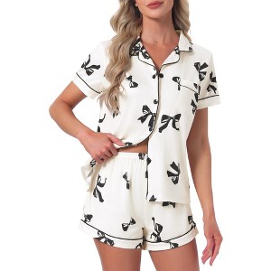 INSPIRE CHIC Women's 2 Pcs Pajama Sets Short Sleeves Cute Bow Print Soft Comfy Button Up Tops and Shorts - 1 of 4