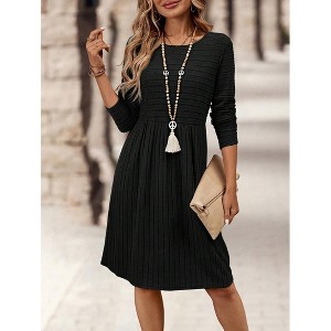Womens Long Sleeve Fall Dresses with Pockets 2025 Ribbed Knit Casual Crew Neck Knee Length Sweater Dress - 1 of 4