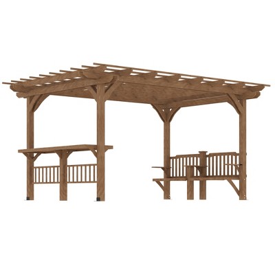 Outsunny 14' x 10' Wooden Pergola, Outdoor Grill Gazebo with Bar Counters and Seating for Garden, Patio, Backyard, Deck