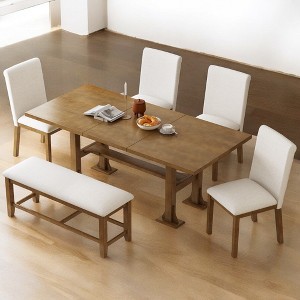 Farmhouse 76" 6-Piece Extendable Dining Table Set with Removable Leaf, Upholstered Chairs & Bench for Dining Room and Kitchen - 1 of 4