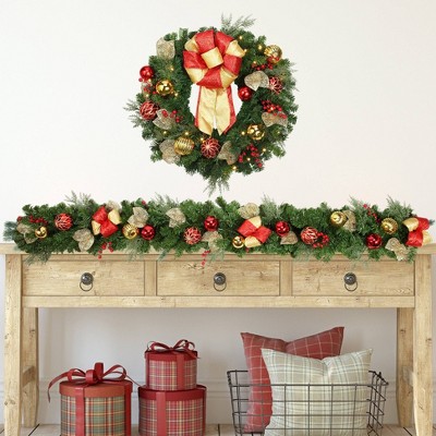 24'' Green and Gold Artificial Christmas Wreath with LED Lights