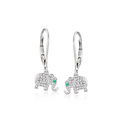 Ross-Simons 0.15 ct. t.w. Diamond Elephant Drop Earrings With Emeralds in Sterling Silver