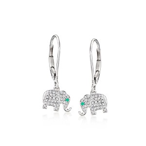 Ross-Simons 0.15 ct. t.w. Diamond Elephant Drop Earrings With Emeralds in Sterling Silver - 1 of 3