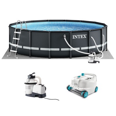 Intex Round Above Ground Swimming Pool Set - Bundle with 700 GPH Pump, Ladder, & Pool Cleaner Robot Vacuum,  Ultra XTR, 16ft x 48in