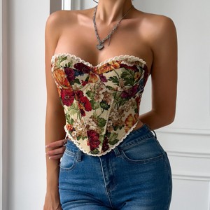 Women's Corset Top Bustier Vintage Lace Up Floral Print Corset Bodyshaper Boned Vest - 1 of 4