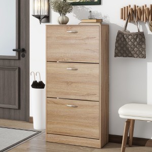 Kumasinova Shoe Cabinet with 3 Flip Drawers Modern Freestanding Shoe Rack Organizer with Metal Handles for Entryway,Hallway,Natural - 1 of 4