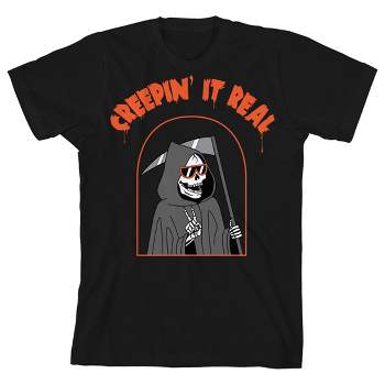 Kids Halloween Peace Sign Grim Reaper "Creepin' It Real" Unisex Youth Black Short Sleeve Crew Neck Tee
