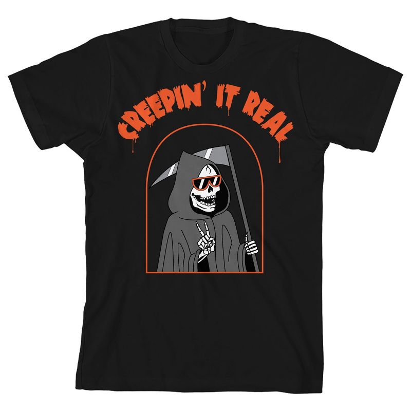 Kids Halloween Peace Sign Grim Reaper "Creepin' It Real" Unisex Youth Black Short Sleeve Crew Neck Tee, 1 of 4