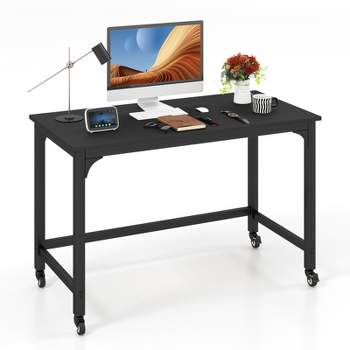 Tangkula 48” Rolling Computer Desk Mobile Study Writing Desk with Metal Frame Movable Home Office Desk Natural/Black