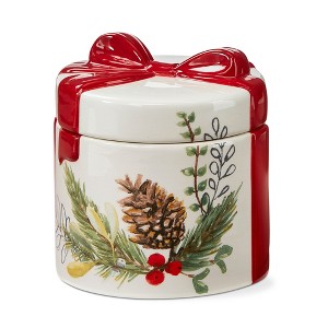 tagltd Mistletoe & Holly Decorative Candy Jar - 20oz Ceramic Canister for Winter, Dishwasher Safe, 5.25" H x 4.7" Dia - 1 of 2