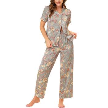 cheibear Women's Silky Floral Short Sleeves Sleepshirt with Pants Pjs Set 2  Pcs Blue Large