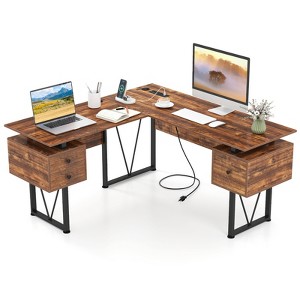 Costway L-shaped Computer Desk with Power Outlets 59” Corner Desk with 3 Storage Drawers Industrial Computer Workstation with Heavy-duty Metal Frame - 1 of 4