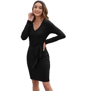 Clearlove Womens Sweater Dress V Neck Long Sleeve Ribbed Knit Tie Waist Bodycon Casual Dress Fit Midi Dress - 1 of 4