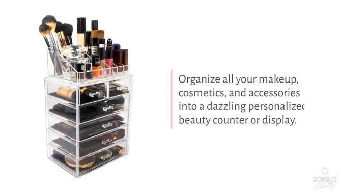 Sorbus 2 Piece Acrylic Makeup and Jewelry Storage Organizer Case (6 Drawers and Lipstick Tray), 2 of 8, play video