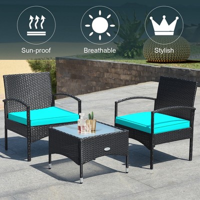 Turquoise 3-Piece Outdoor Wicker Rattan Furniture Set with Cushions