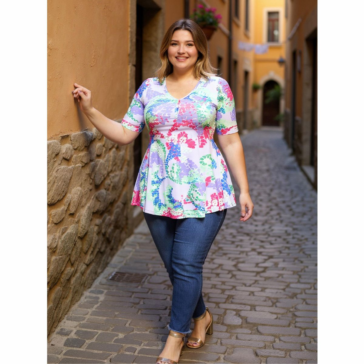 Plus Size Abstract V-Neck Elbow Sleeve Henley Tunic Top - 24seven Comfort Apparel™ - thumbnail 5