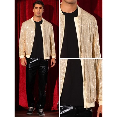 Lars Amadeus Men's 70s Disco Zipper Metallic Shiny Sequin Varsity Jacket Golden Small — фото 5