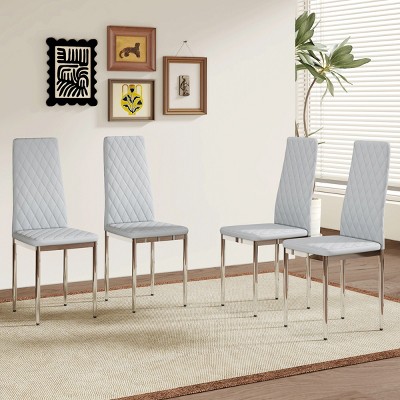 Set of 4 PU Leather Dining Chairs with Diamond-Patterned Backrest, Comfortable Padded Seat, and Sturdy Metal Legs for Dining Room-Coolbibila