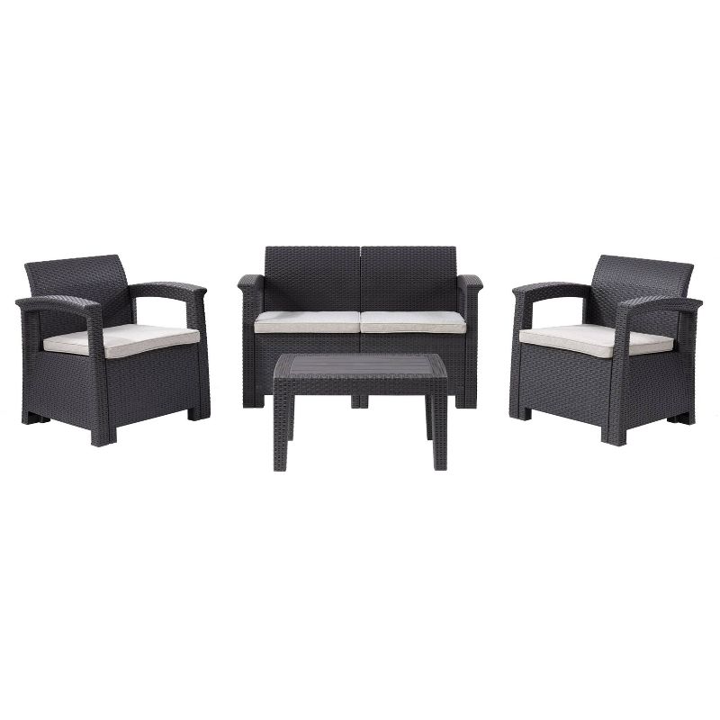 Lake Front 4pc  Rattan Patio Set with Cushions - Black/Gray - CorLiving, 1 of 10