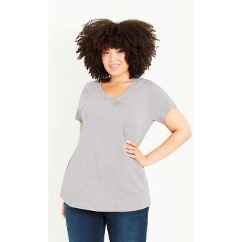 Women's Plus Size Gathered V Neck Cotton Top - grey | EVANS