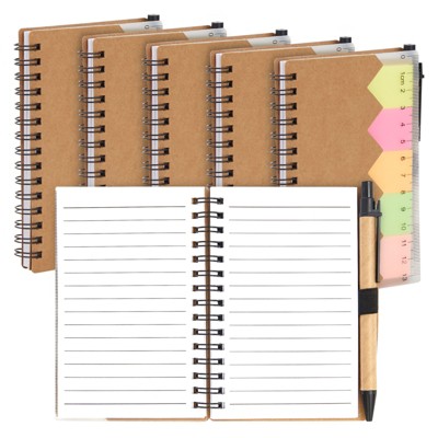 Juvale 6 Pack Mini Kraft Spiral Notepad with Pen and Sticky Notes for Pocket, 69 Sheets, 4.25 x 5.5 inches