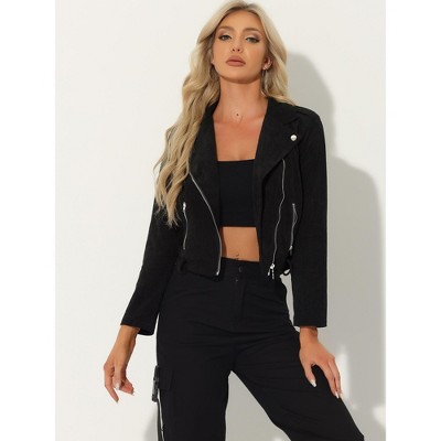 Allegra K Women's Notched Lapel Zip Up Long Sleeve Motorcycle Corduroy Jacket Medium Black — фото 3