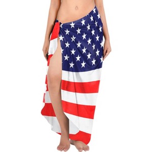 LA LEELA Women's Summer Beach Patriotic American US Flag Sarong Bikini Wrap Swimsuit Coverups for Women One Size Red Stars and Stripes - 1 of 4