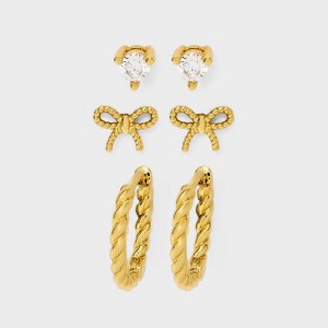 14K Gold Plated Cubic Zirconia Bow Stud and Twist Hoop Earring Set 3pc - A New Day™ Gold - 1 of 3