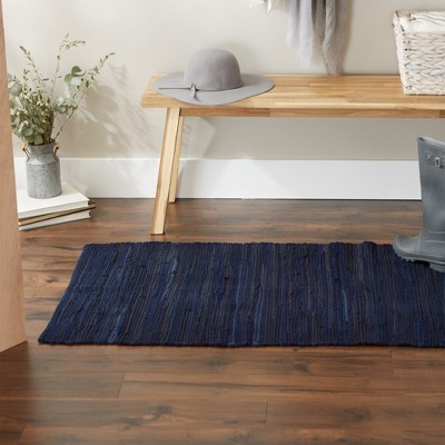 Handmade Nautical Blue Cotton Reversible Rag Rug 2'3" x 6'