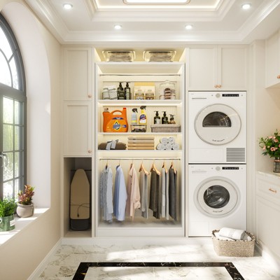 Aheaplus 36" Wooden Closet Organizer and Hangers, Freestanding Wardrobe with Hanging Rails and Adjustable Shelves
