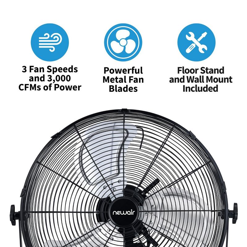 Newair 20" Outdoor Rated 2-in-1 High Velocity Floor or Wall Mounted Fan with 3 Fan Speeds and Adjustable Tilt Head, 4 of 12