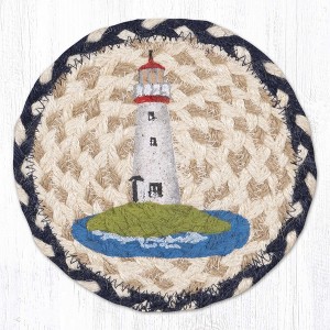 Earth Rugs White Lighthouse Round Coaster – 7"x7" Braided Jute, Coastal Cottage Design, Hand-Stenciled Nautical Accent - 1 of 3