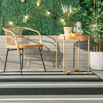 Black and White Striped Synthetic 5' x 8' Indoor/Outdoor Rug