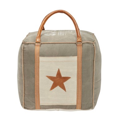 Canvas Pouf with Faux Leather Detail Gray - Olivia & May