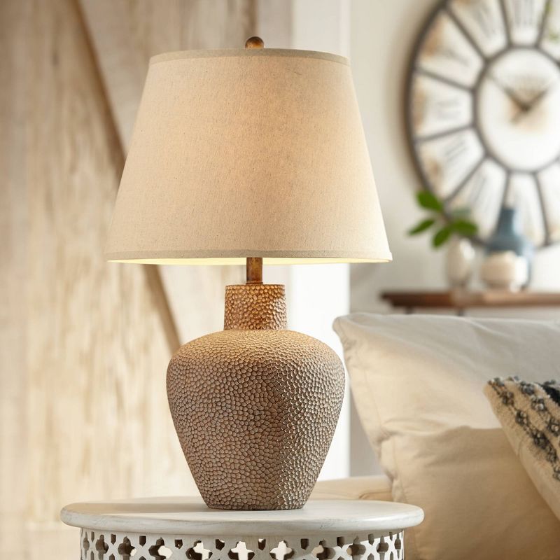 360 Lighting Bentley Rustic Farmhouse Table Lamp 29" Tall Brown Leaf Textured Hammered Pot Off White Empire Shade for Bedroom Living Room House Home, 2 of 12