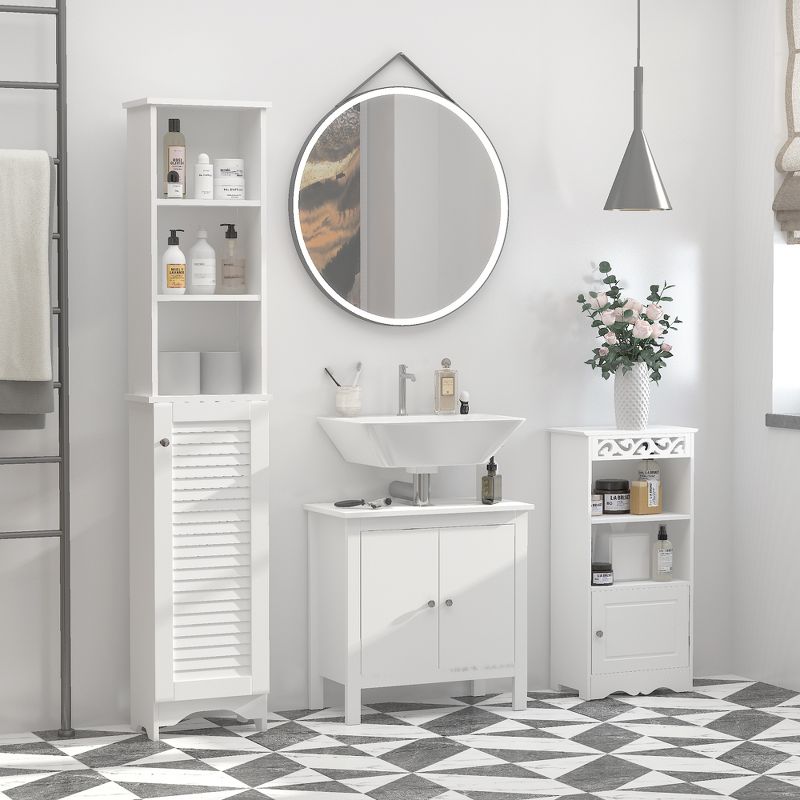 HOMCOM Tall Bathroom Storage Cabinet/Freestanding Linen Tower with 3-Tier Open Adjustable Shelf and Cupboard, White, 5 of 9