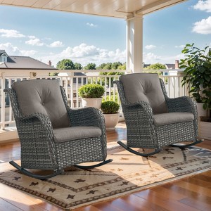 Outdoor Rocking Chairs Set of 2, All Weather Resin Wicker Patio Furniture Rocking Patio Chairs with Cushion and Metal Rocker Bars for Porch - 1 of 4
