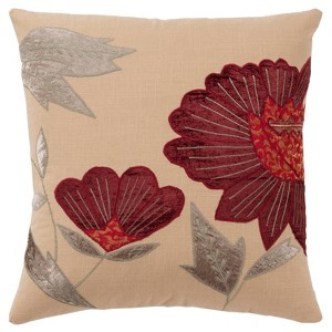 18"x18" Flowers Poly Filled Square Throw Pillow Red - Rizzy Home: Cotton Velvet, Indoor Botanical Decor, Hidden Zipper - 1 of 4